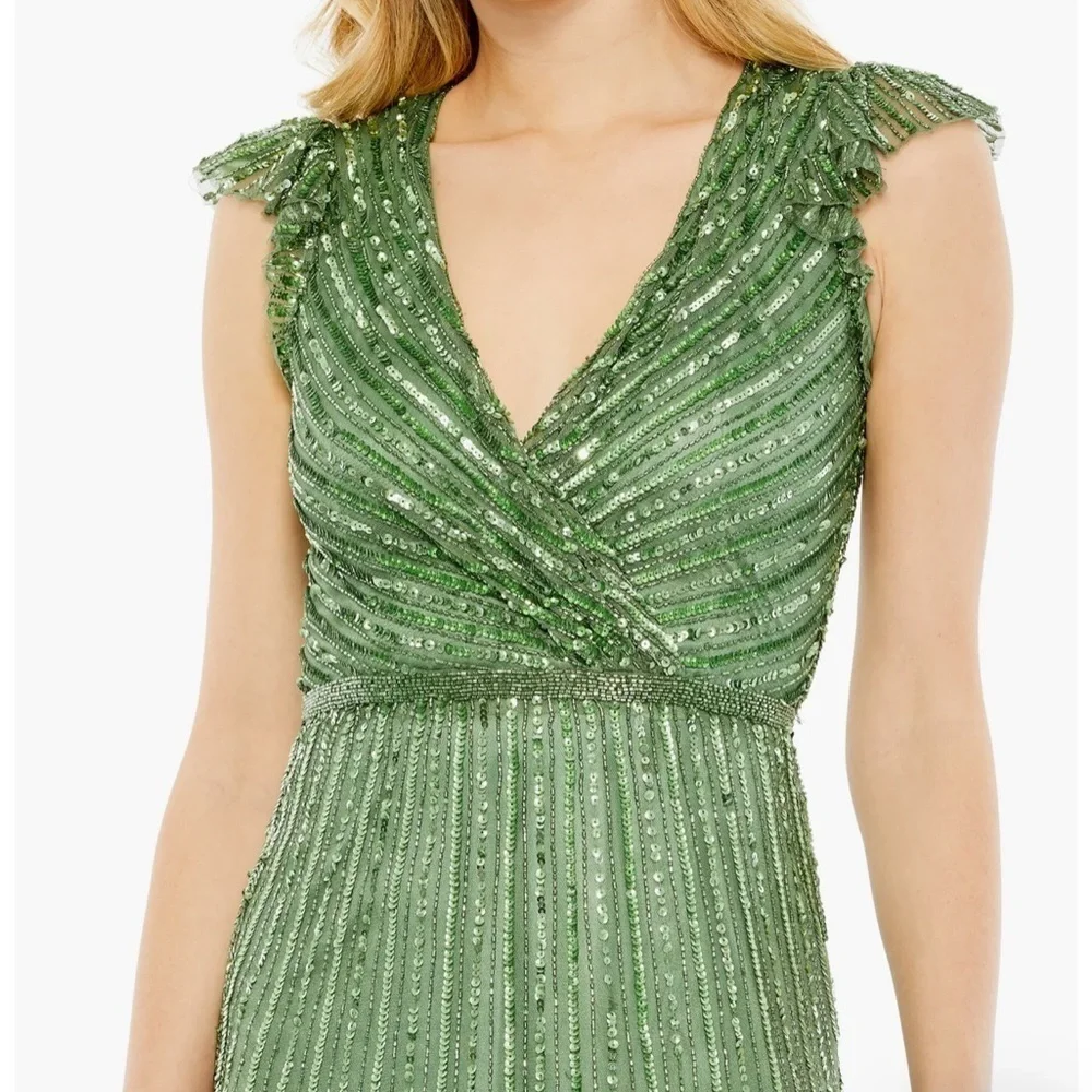 Mac Duggal Sequined Wrap Over Cap Sleeve Ruffle Hem Dress Sage Size 6 NEW - Picture 6 of 15
